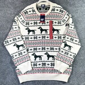 Lands' End Sweater Men's XL Beige Cream All Over Print Dog Holiday Casual Preppy